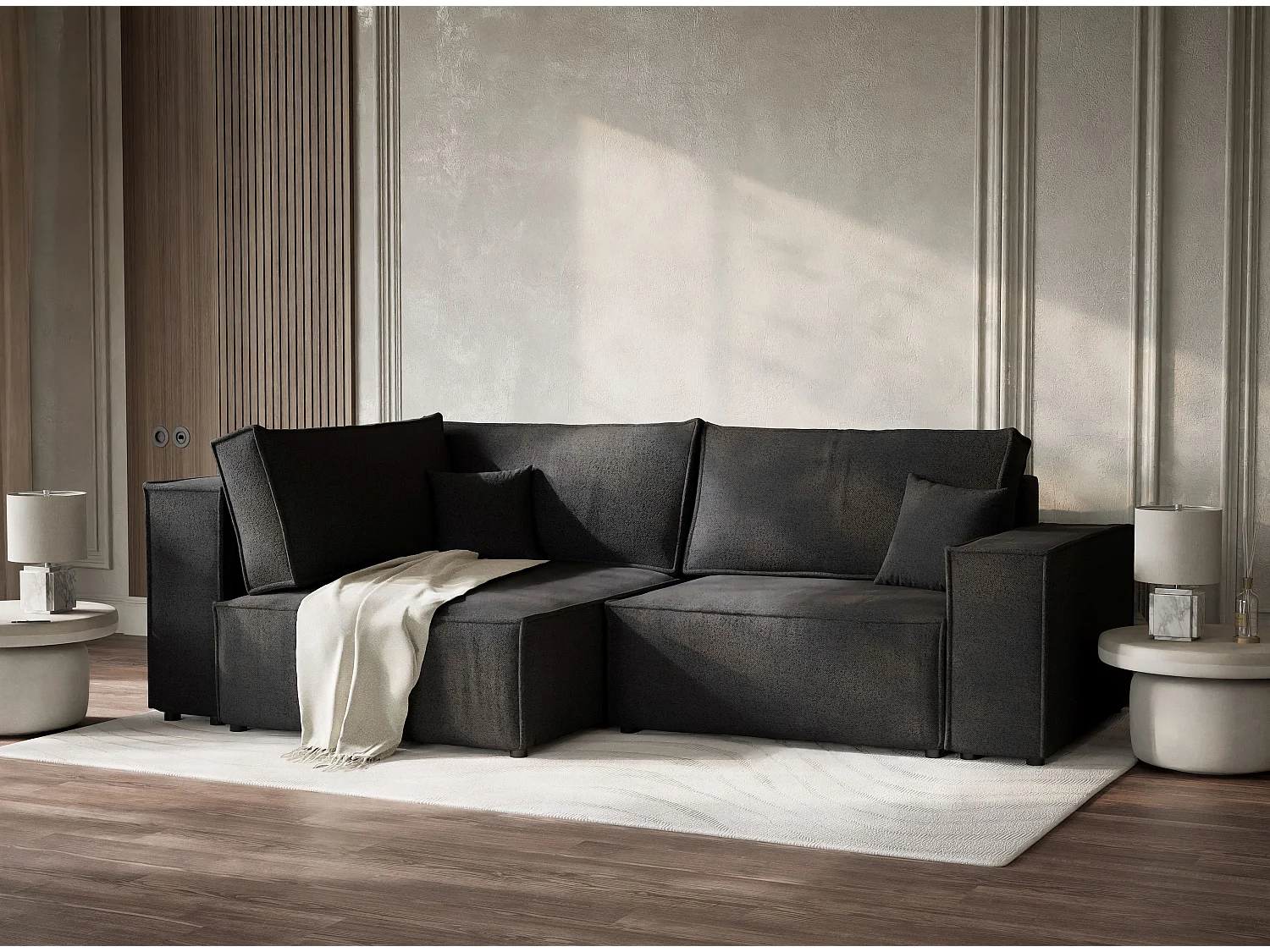 Canapé d'angle gauche avec fonction lit en tissu tressé graphite TONGA