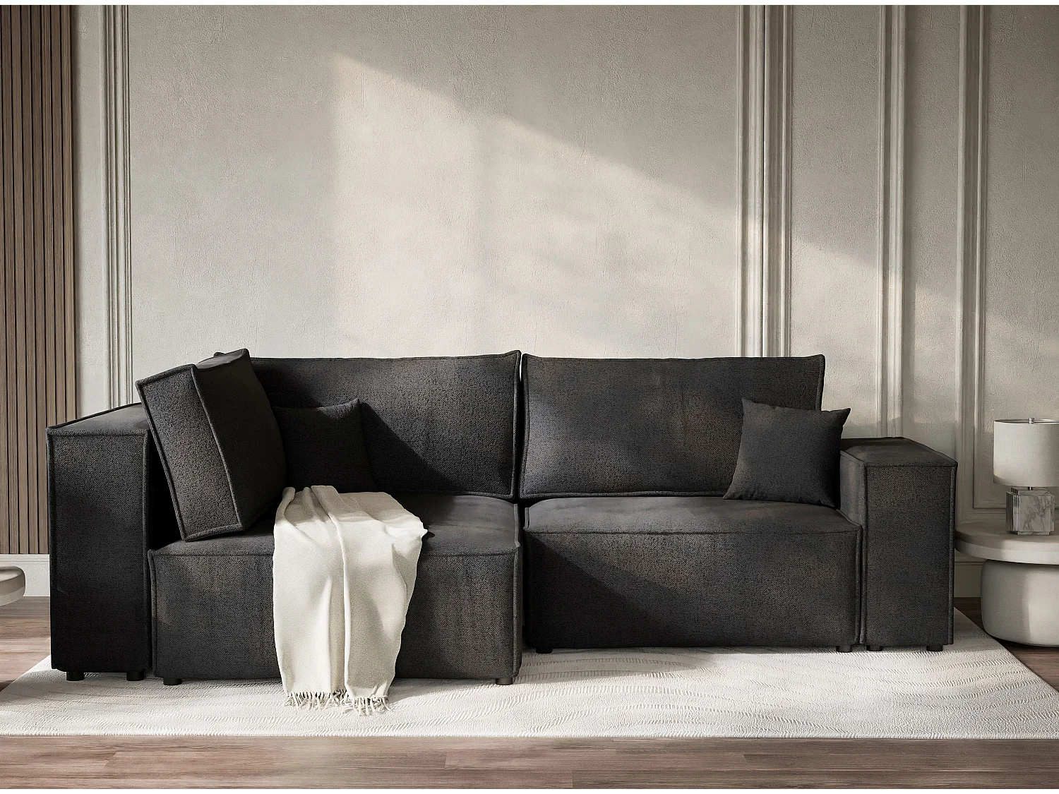 Canapé d'angle gauche avec fonction lit en tissu tressé graphite TONGA