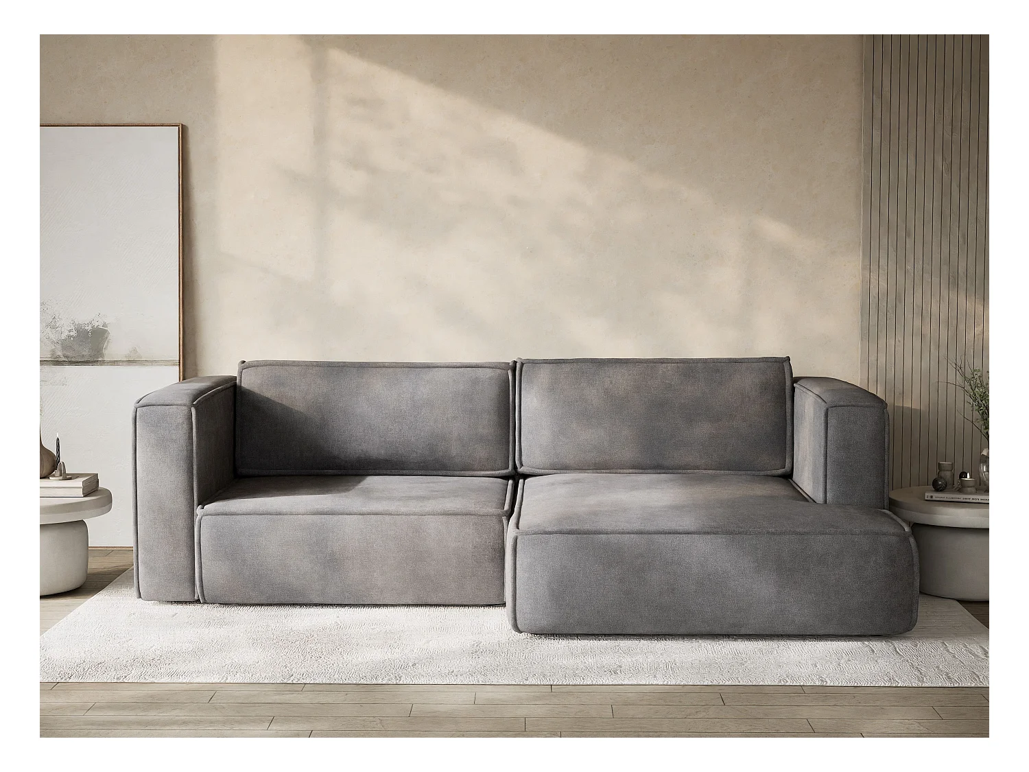 Canapé d'angle droit avec fonction lit en tissu chenille gris VELTO