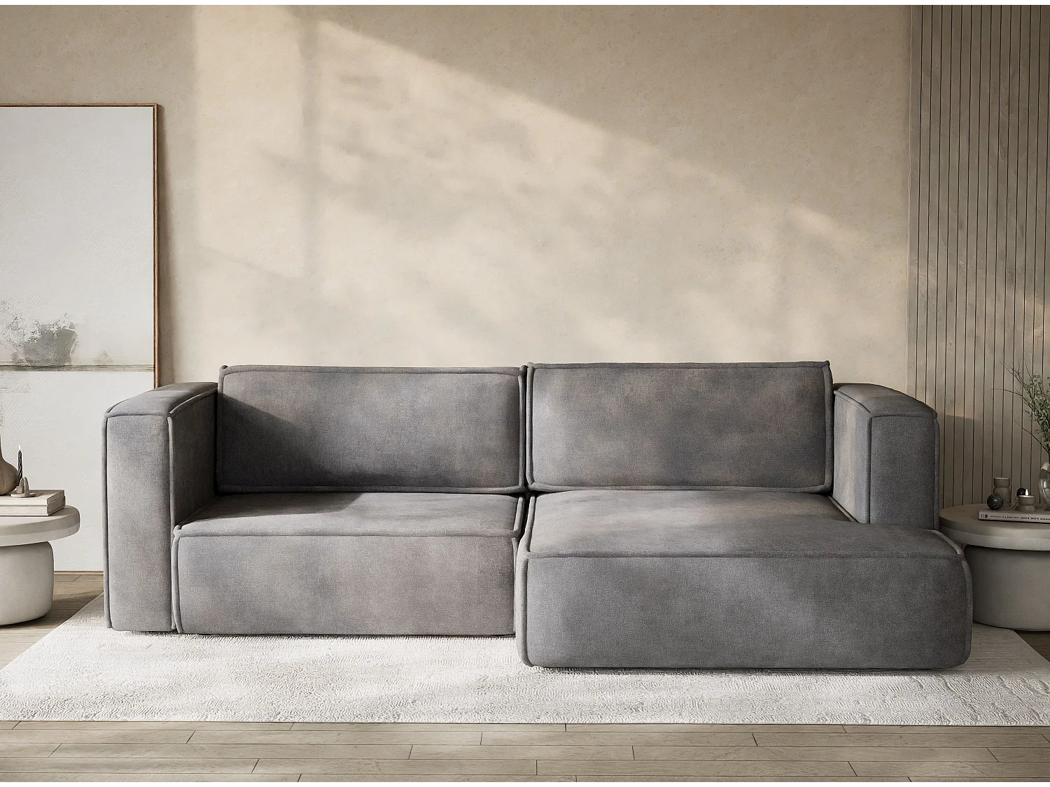 Canapé d'angle droit avec fonction lit en tissu chenille gris VELTO