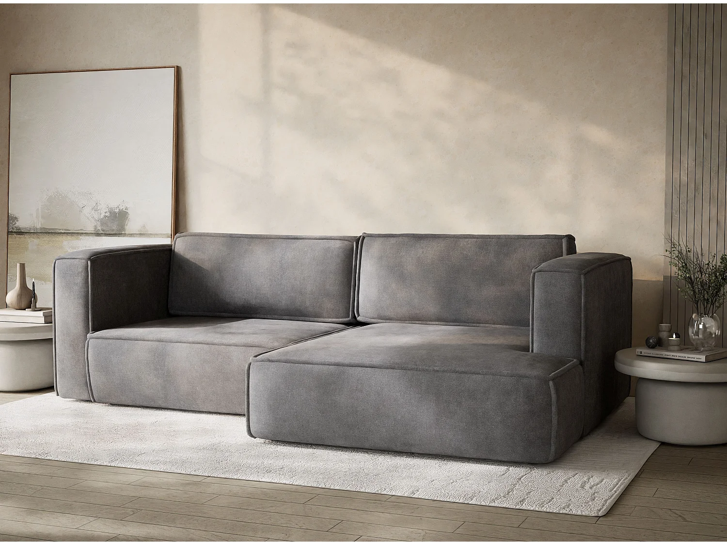 Canapé d'angle droit avec fonction lit en tissu chenille gris VELTO