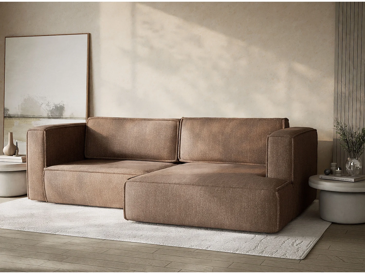 Canapé d'angle droit avec fonction lit en tissu tressé brun VELTO