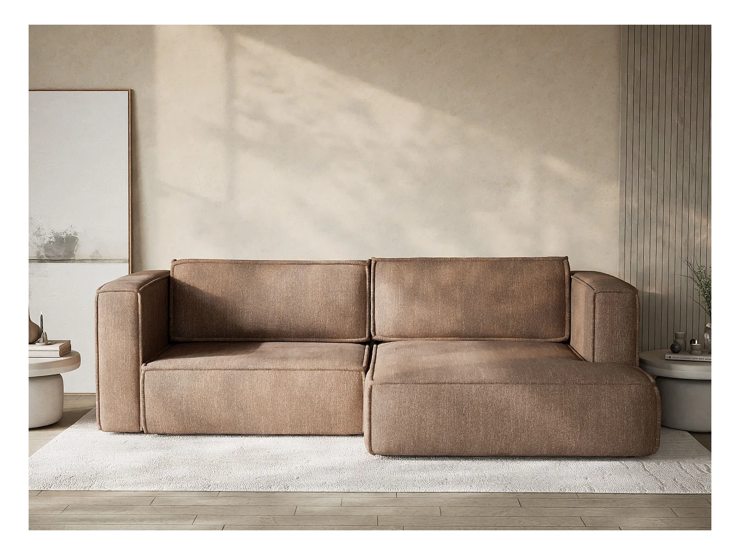 Canapé d'angle droit avec fonction lit en tissu tressé brun VELTO