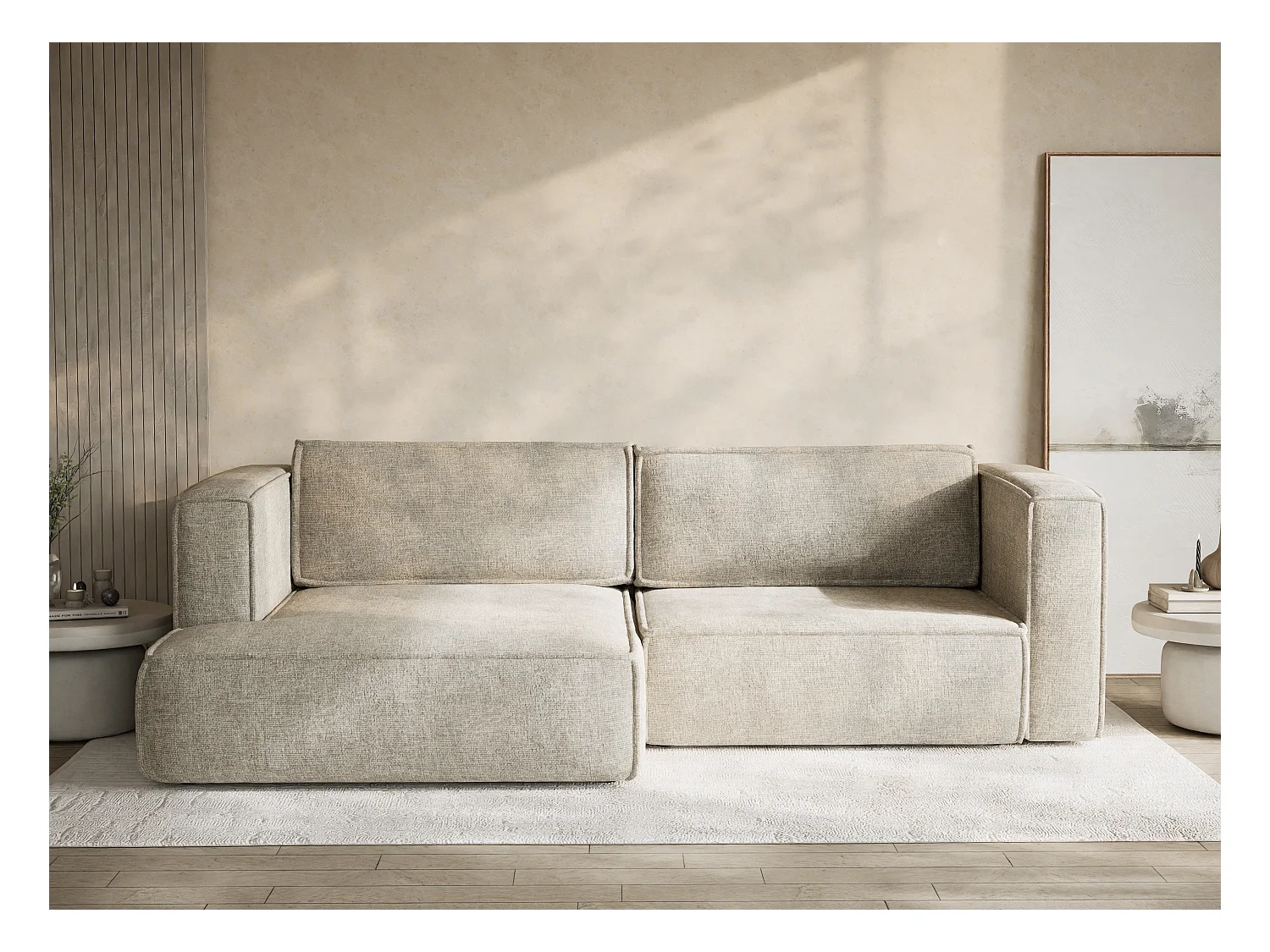 Canapé d'angle gauche avec fonction lit en tissu chenille beige VELTO