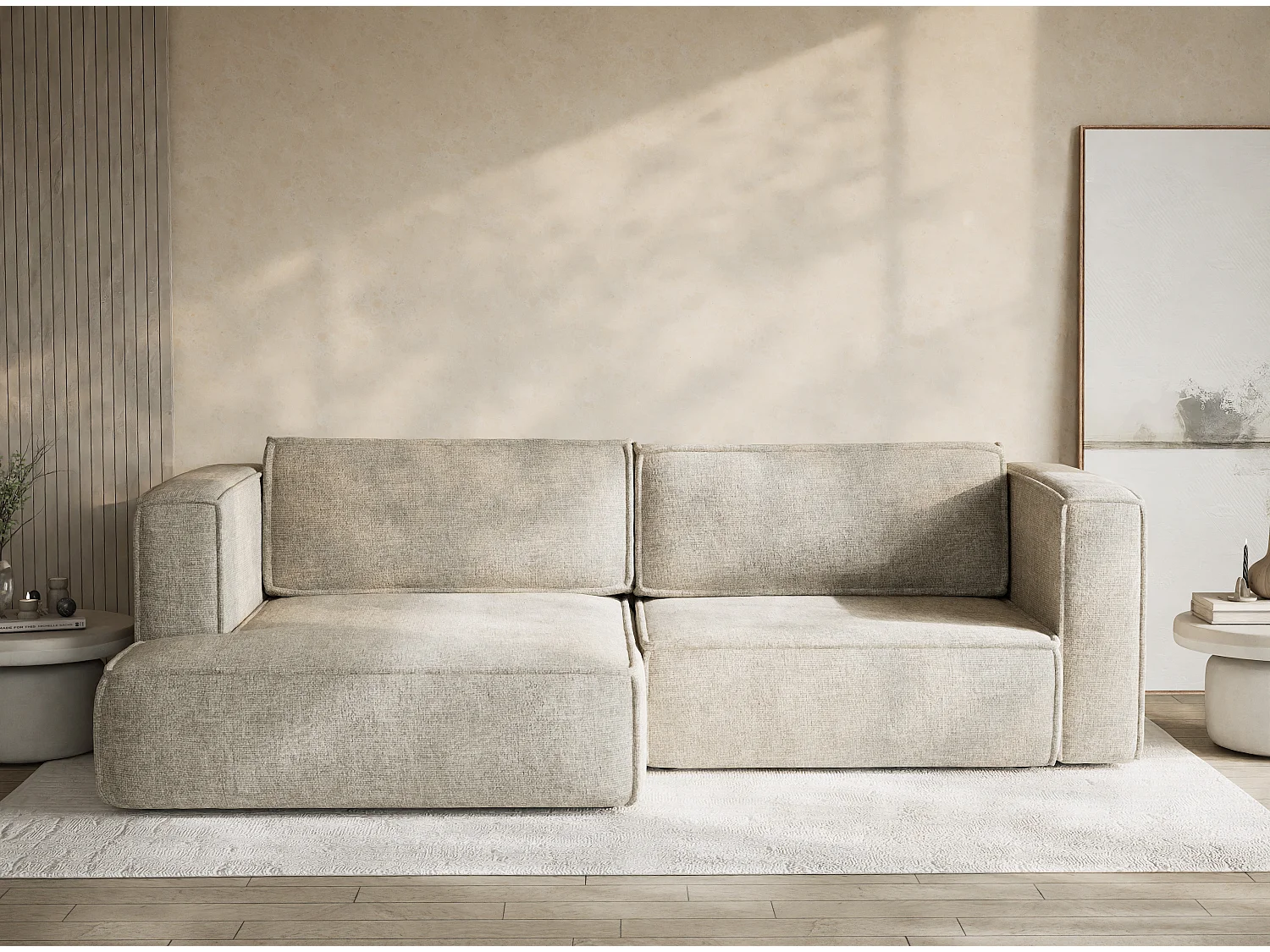 Canapé d'angle gauche avec fonction lit en tissu chenille beige VELTO