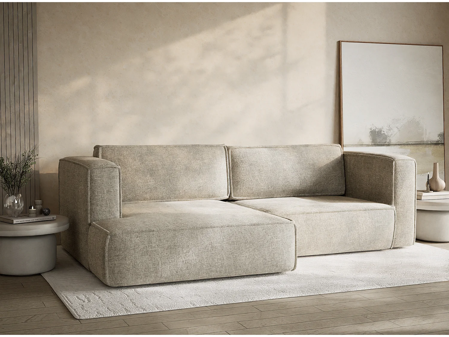 Hoekslaapbank met hoek links in chenille stof beige VELTO