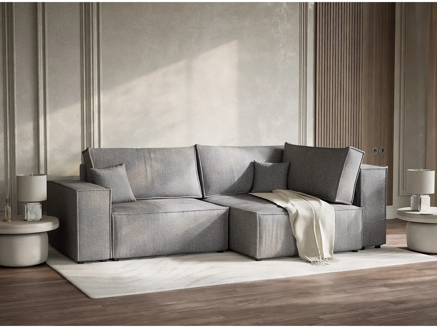 Canapé d'angle droit avec fonction lit en tissu tressé gris TONGA