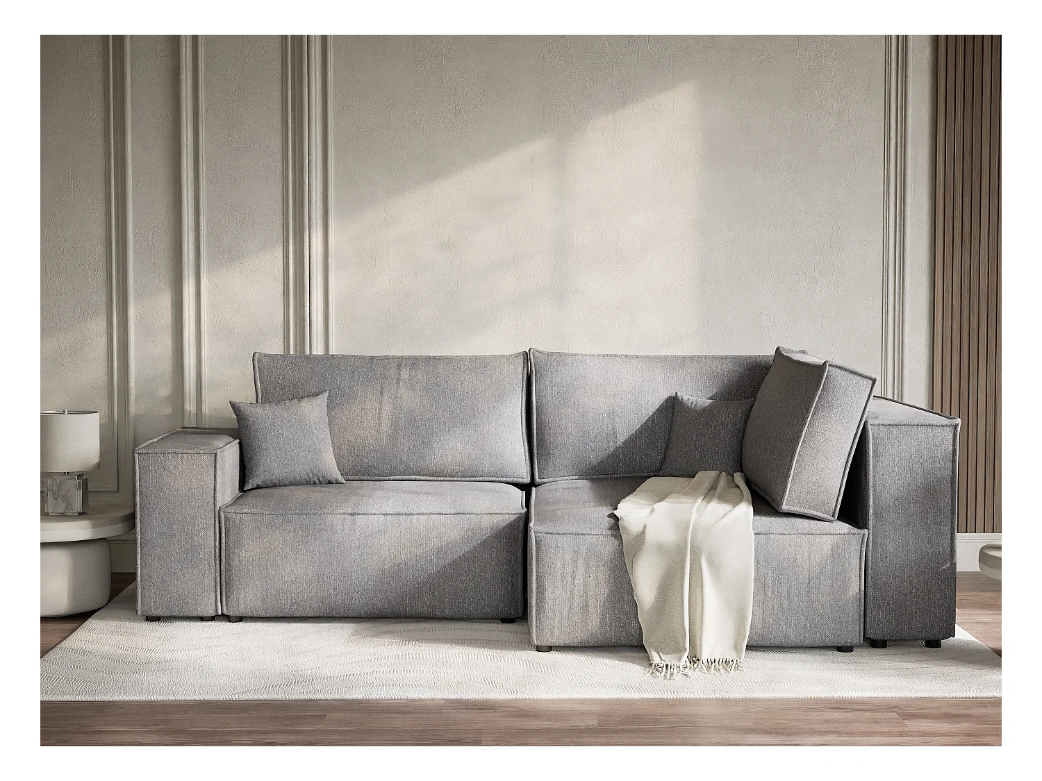 Canapé d'angle droit avec fonction lit en tissu tressé gris TONGA