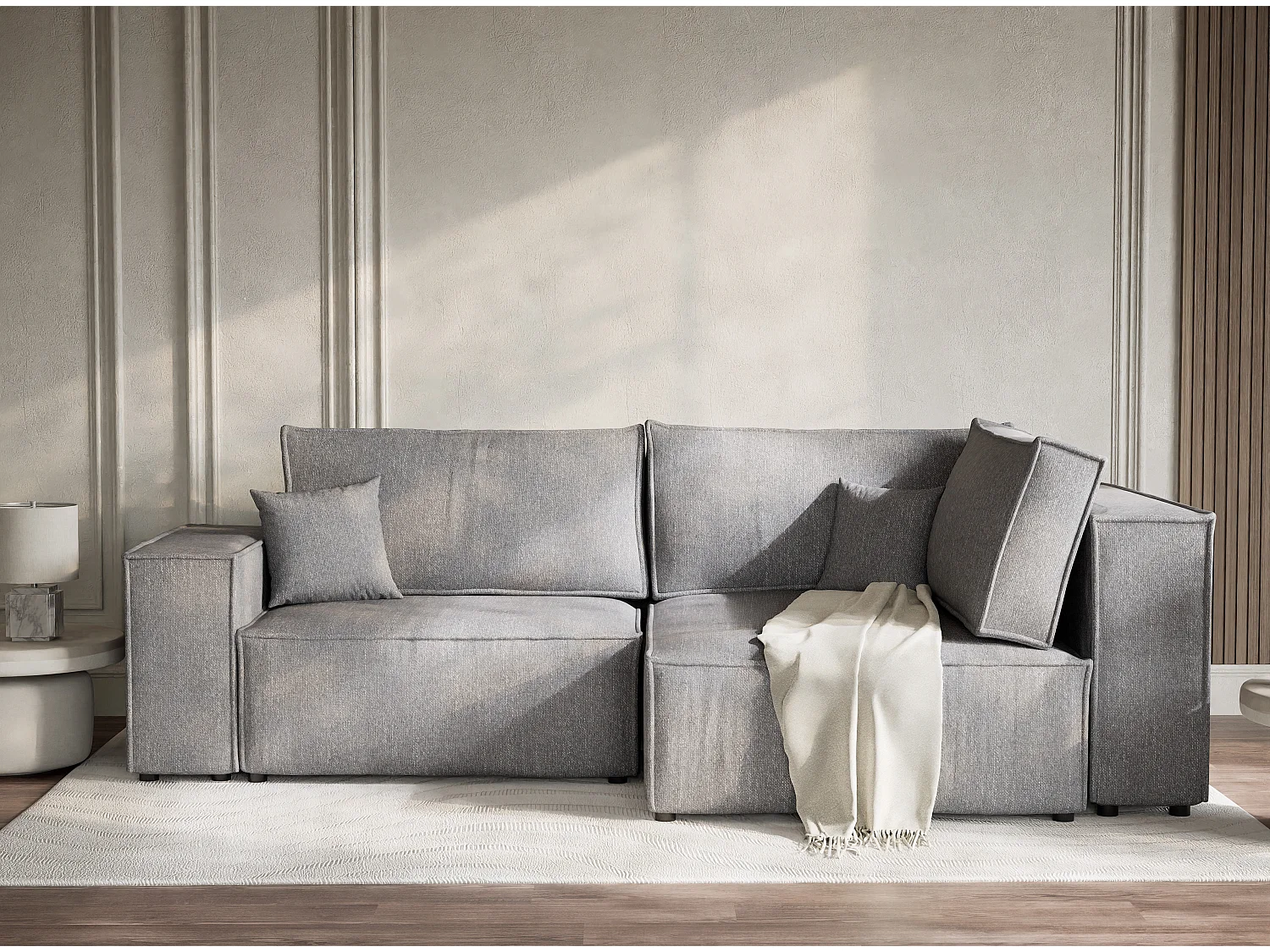 Canapé d'angle droit avec fonction lit en tissu tressé gris TONGA