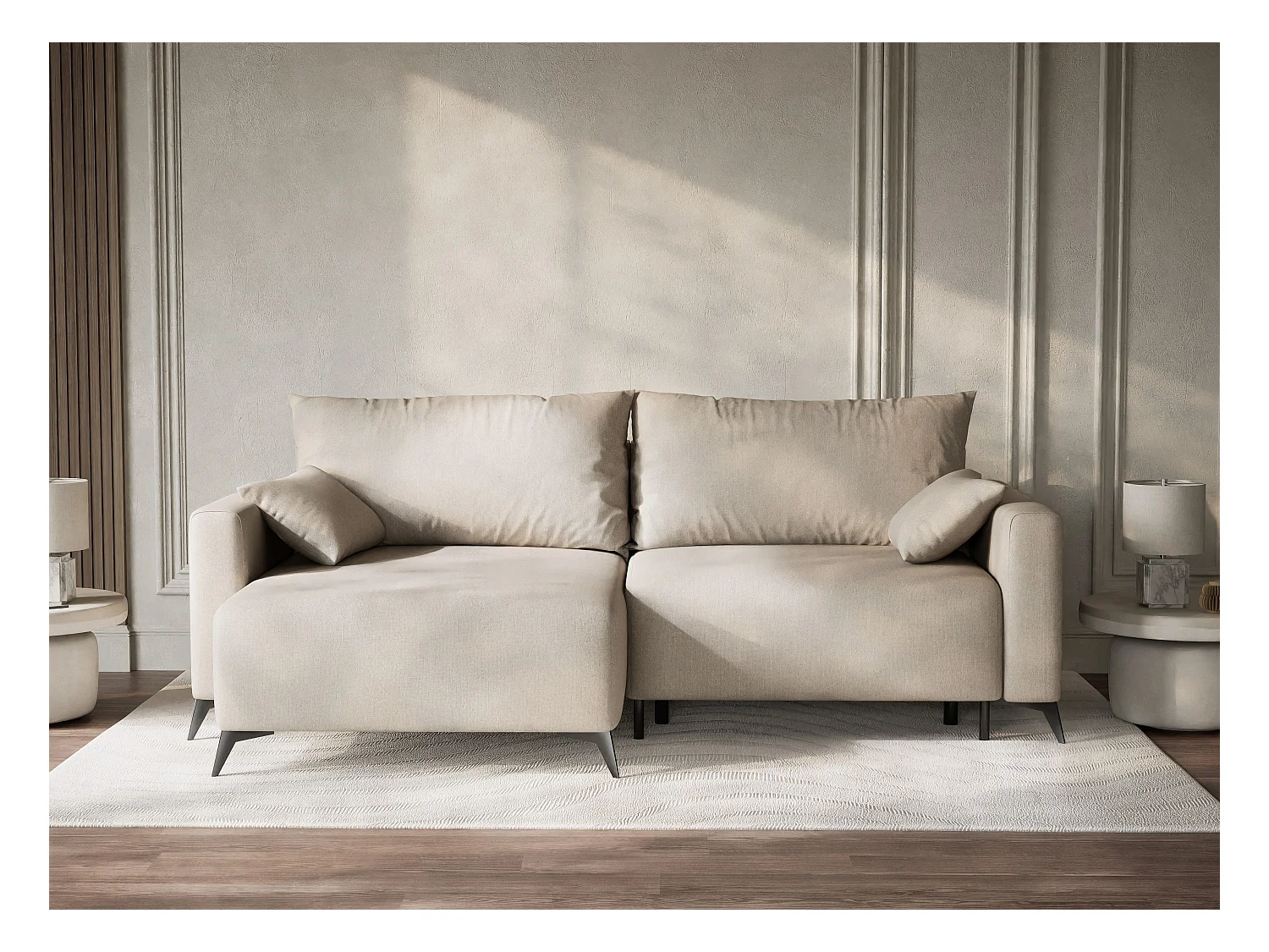 Canapé d'angle gauche avec fonction lit en tissu tressé beige LEON