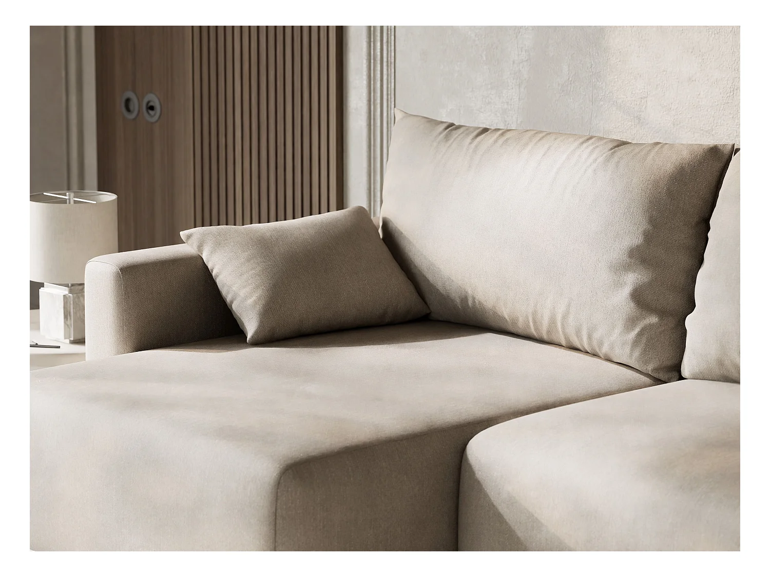 Canapé d'angle gauche avec fonction lit en tissu tressé beige LEON