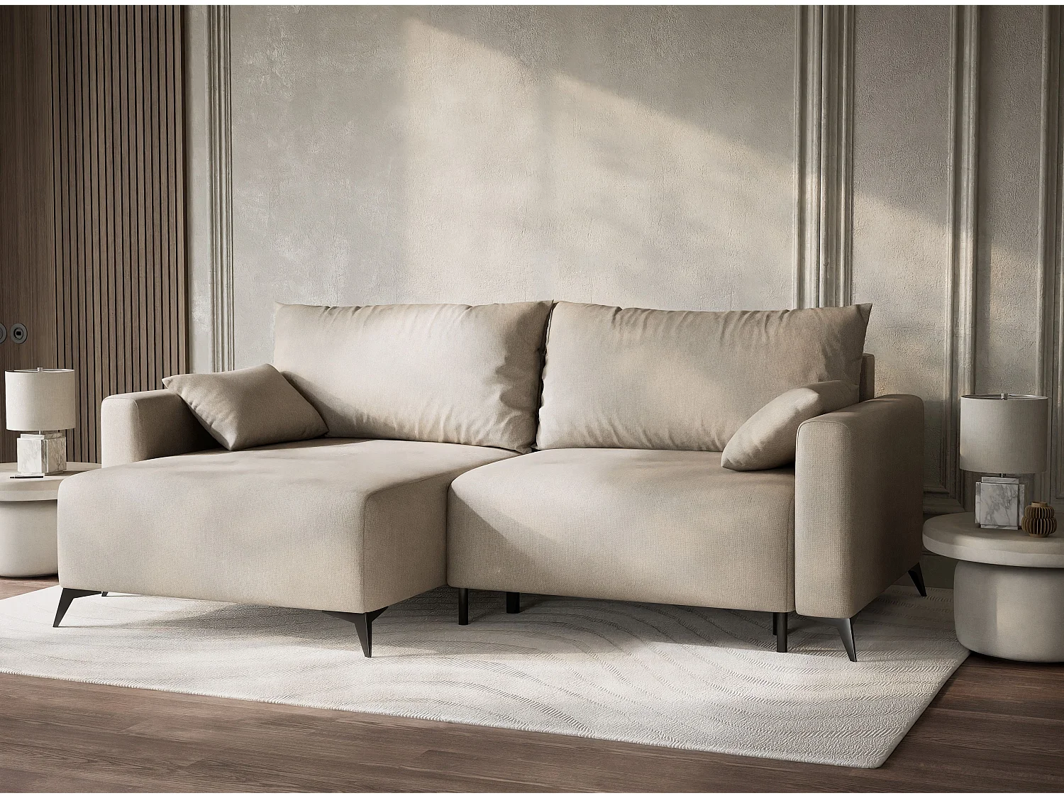 Canapé d'angle gauche avec fonction lit en tissu tressé beige LEON