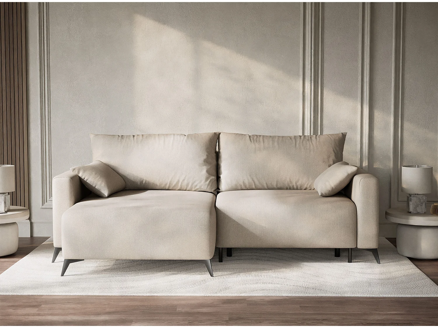 Canapé d'angle gauche avec fonction lit en tissu tressé beige LEON