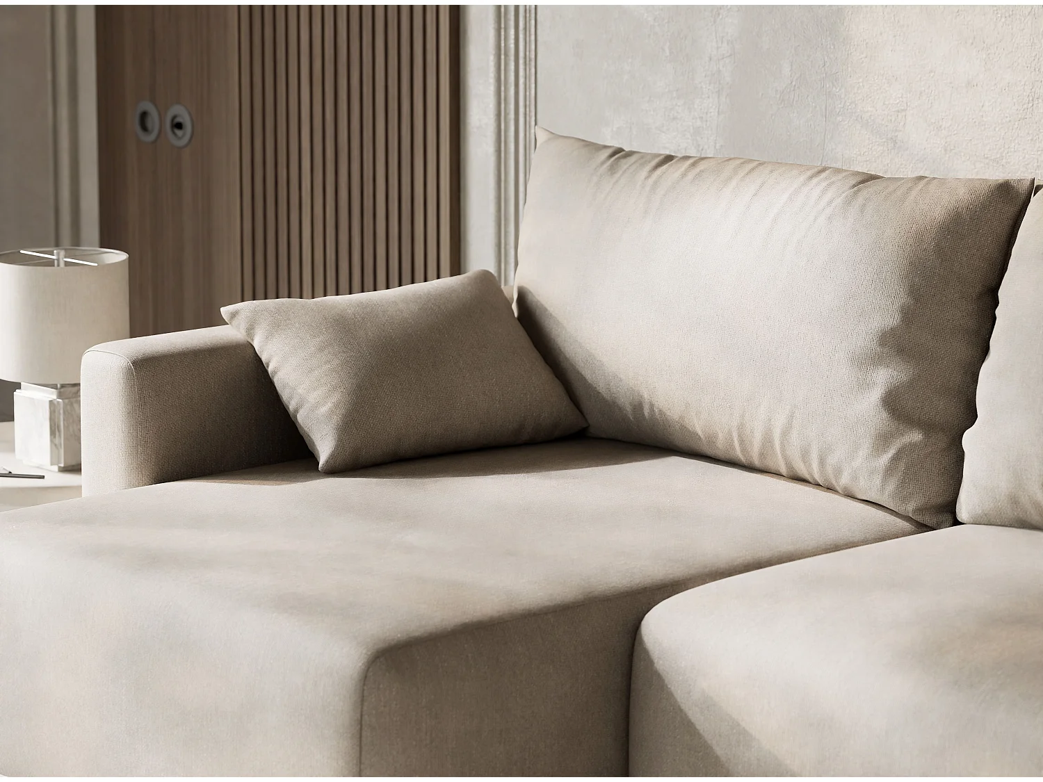 Canapé d'angle gauche avec fonction lit en tissu tressé beige LEON