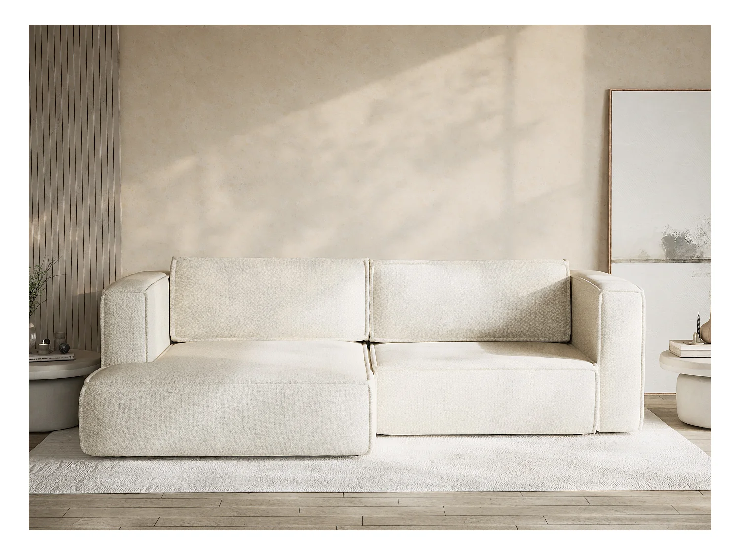 Canapé d'angle droit avec fonction lit en tissu tressé creme VELTO