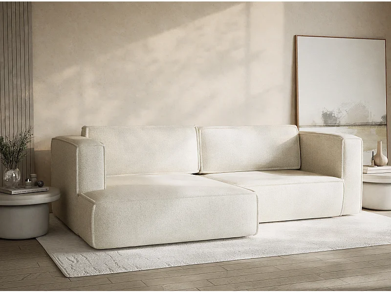 Canapé d'angle droit avec fonction lit en tissu tressé creme VELTO