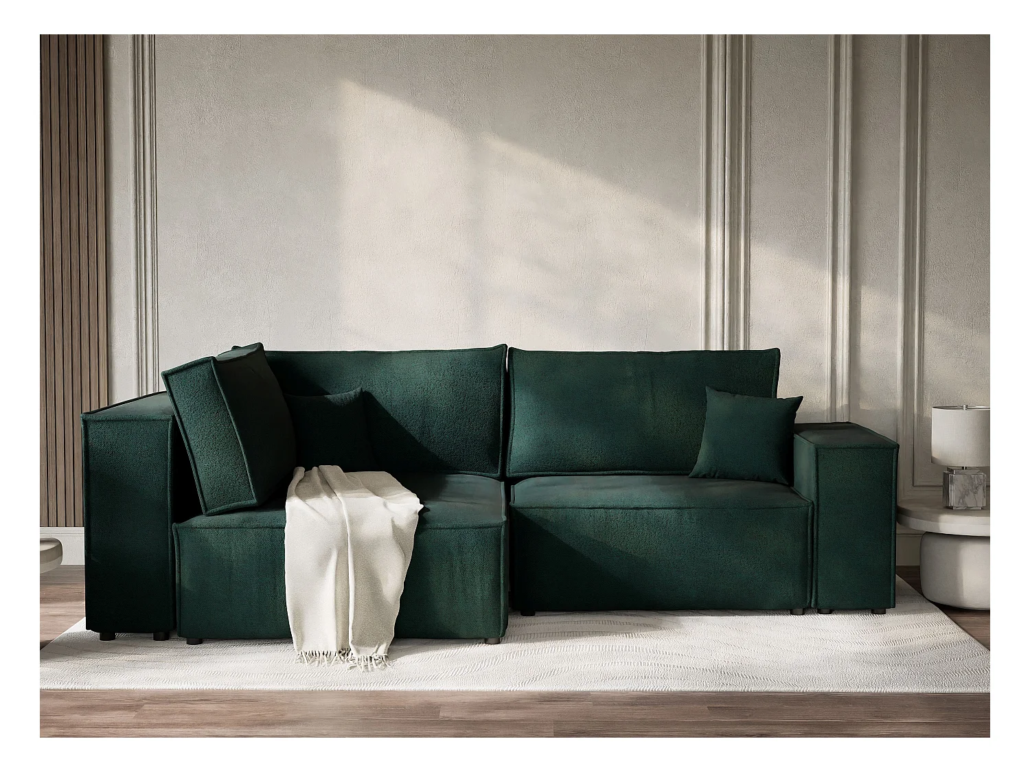 Canapé d'angle gauche avec fonction lit en tissu tressé vert foncé TONGA