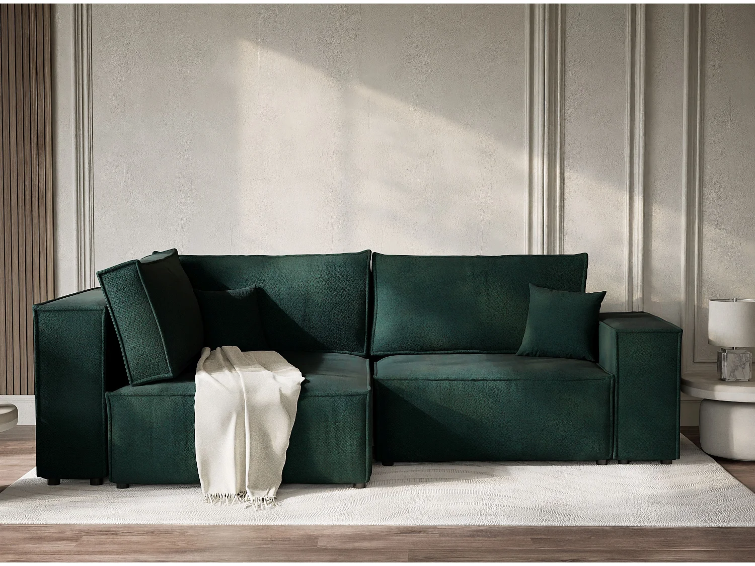 Canapé d'angle gauche avec fonction lit en tissu tressé vert foncé TONGA