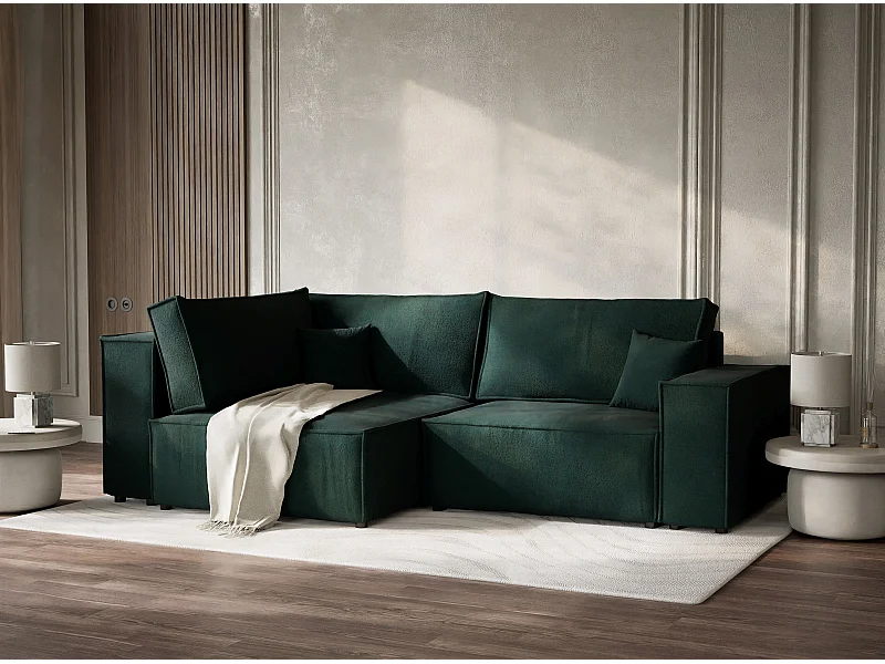 Canapé d'angle gauche avec fonction lit en tissu tressé vert foncé TONGA