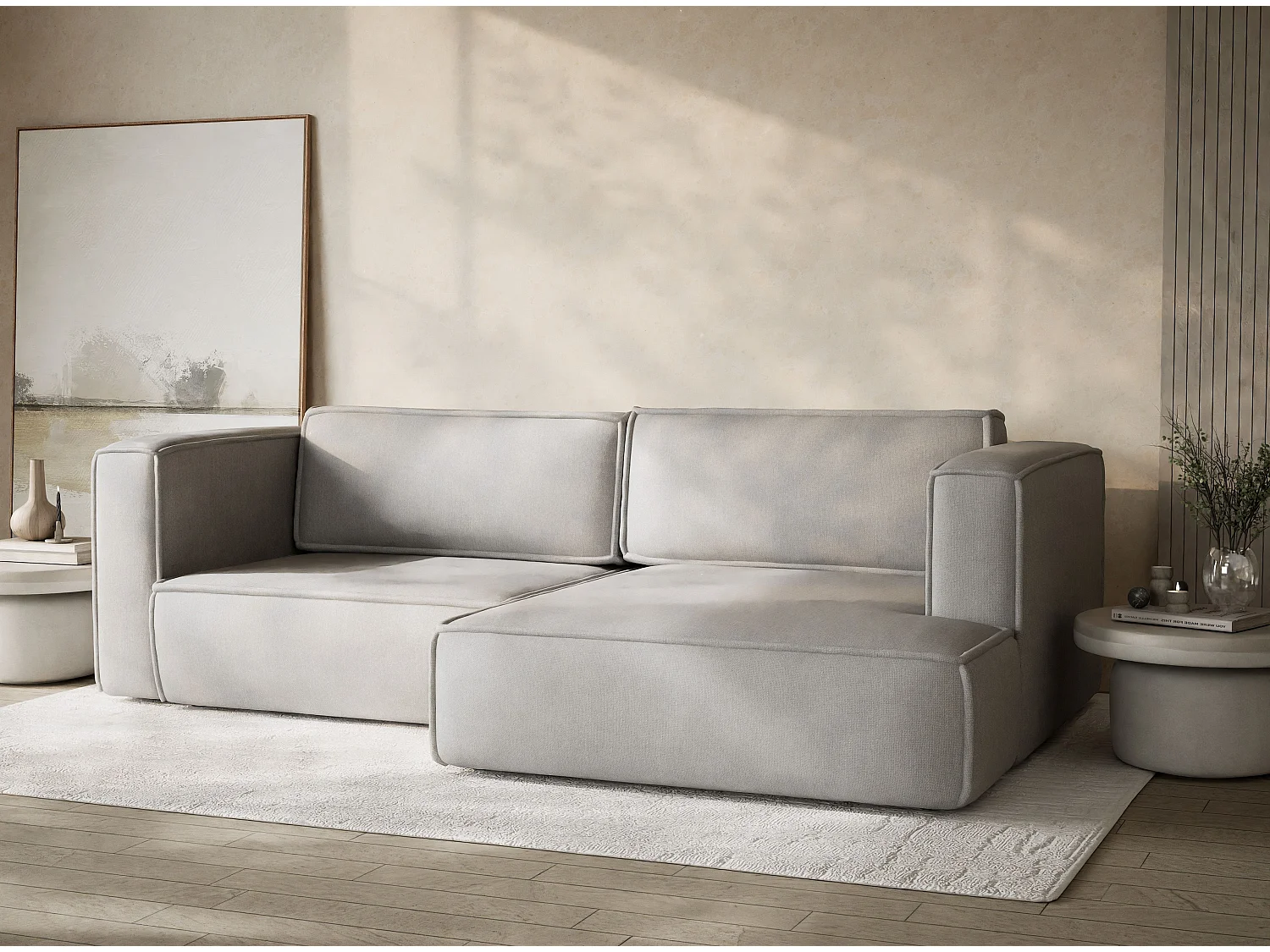 Canapé d'angle droit avec fonction lit en tissu tressé beige gris VELTO