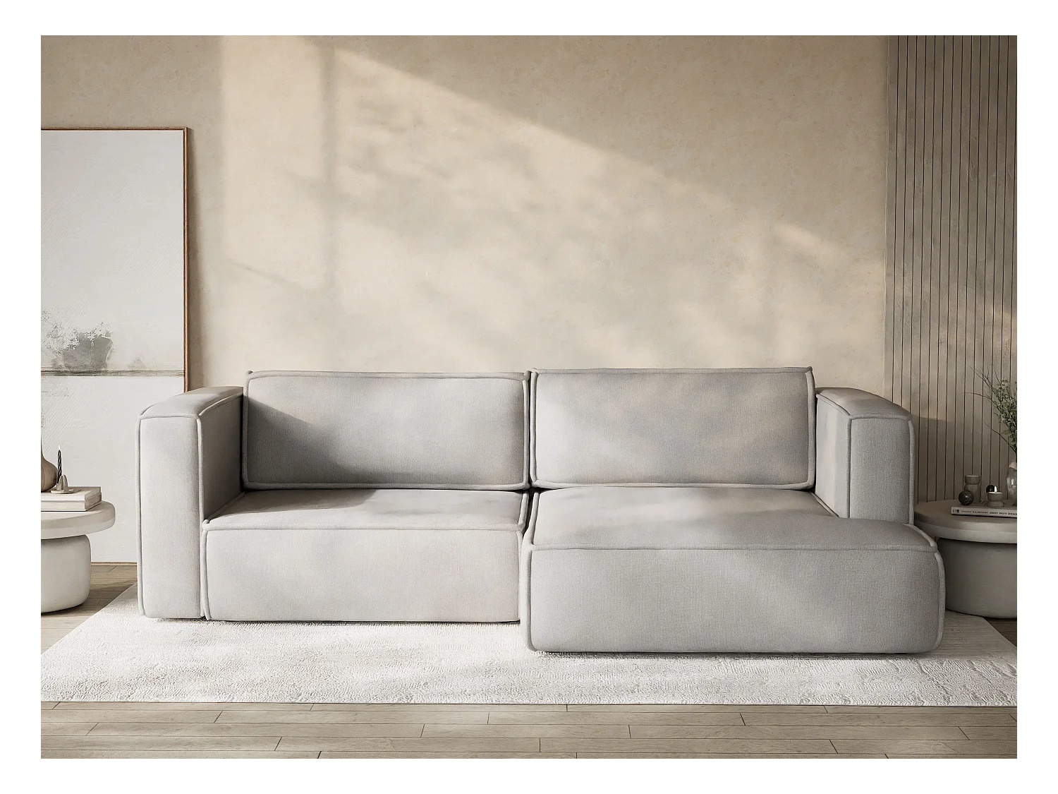 Canapé d'angle droit avec fonction lit en tissu tressé beige gris VELTO