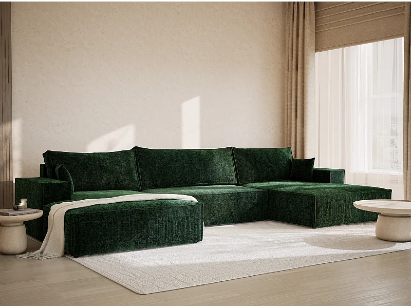 Canapé d'angle panoramique avec fonction lit en tissu chenille vert foncé KYOTO