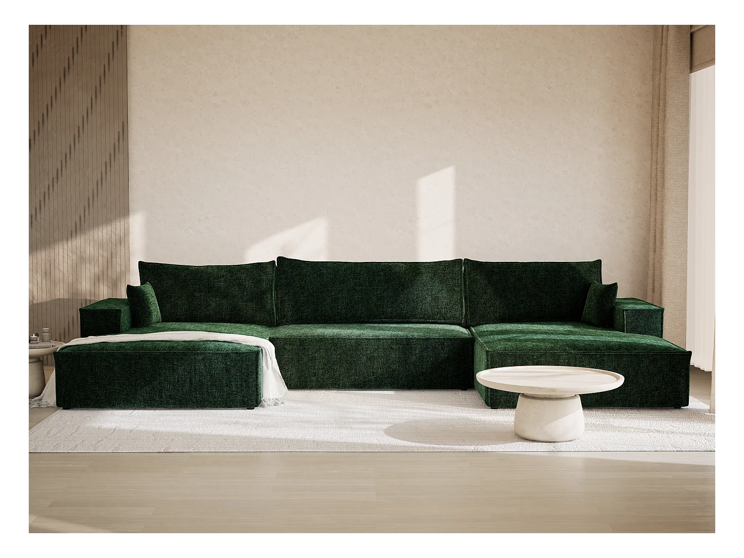 Canapé d'angle panoramique avec fonction lit en tissu chenille vert foncé KYOTO