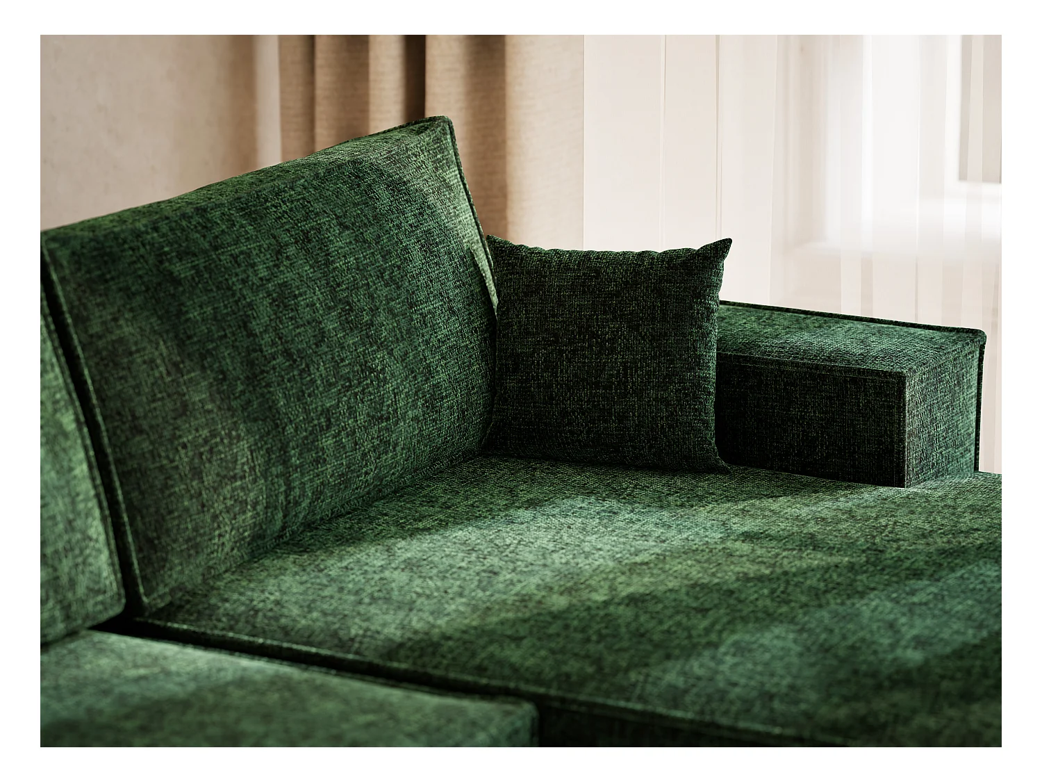 Canapé d'angle panoramique avec fonction lit en tissu chenille vert foncé KYOTO