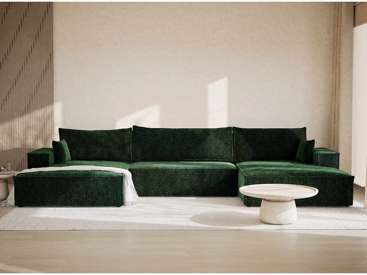 Canapé d'angle panoramique avec fonction lit en tissu chenille vert foncé KYOTO