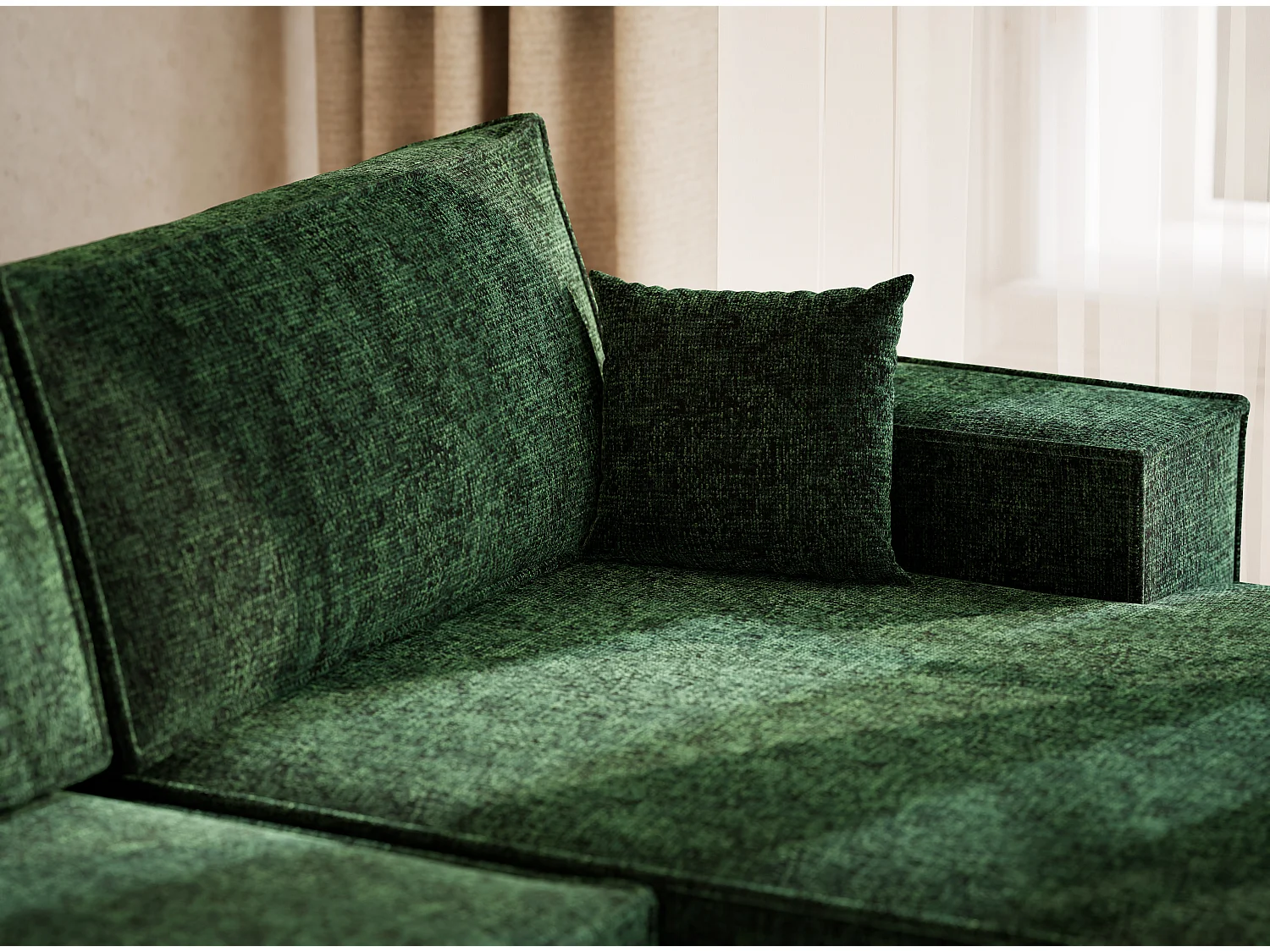 Canapé d'angle panoramique avec fonction lit en tissu chenille vert foncé KYOTO