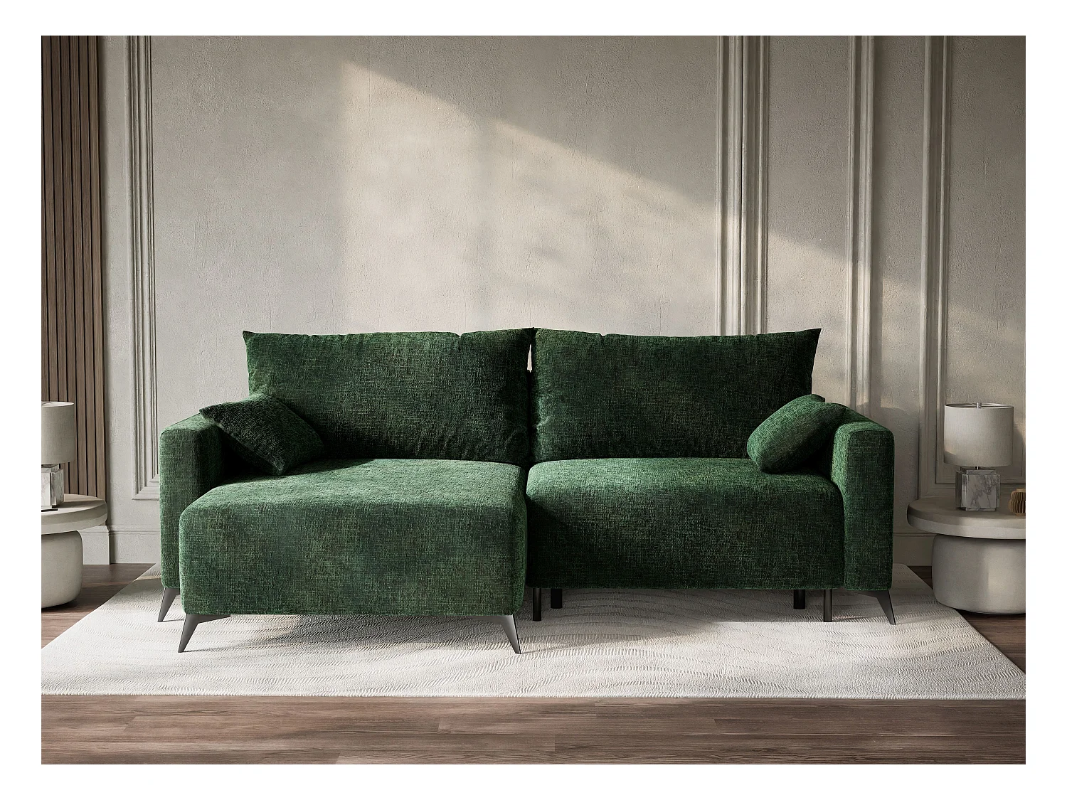 Canapé d'angle gauche avec fonction lit en tissu chenille vert foncé LEON