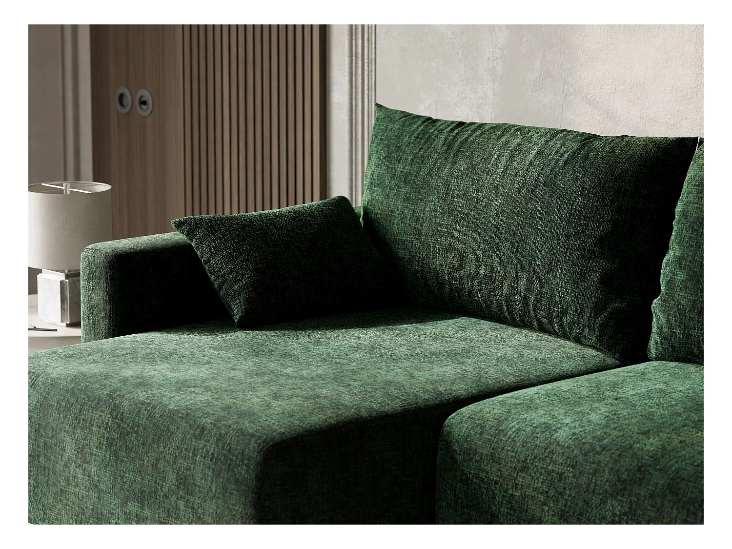 Canapé d'angle gauche avec fonction lit en tissu chenille vert foncé LEON