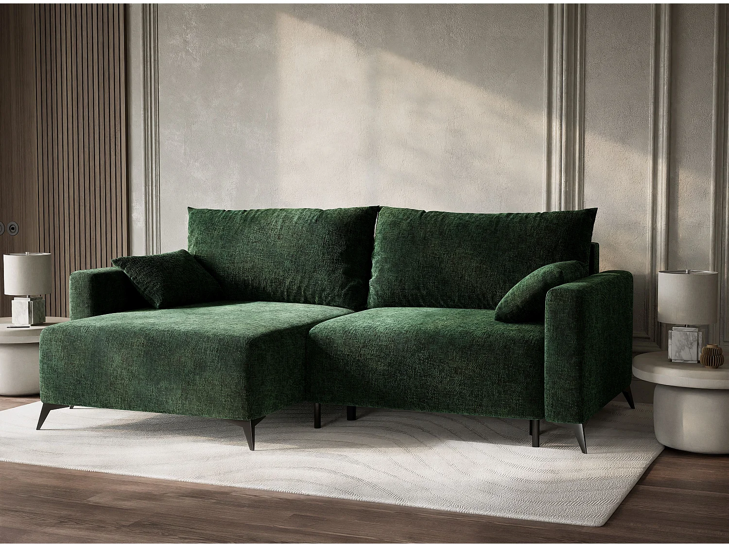 Canapé d'angle gauche avec fonction lit en tissu chenille vert foncé LEON