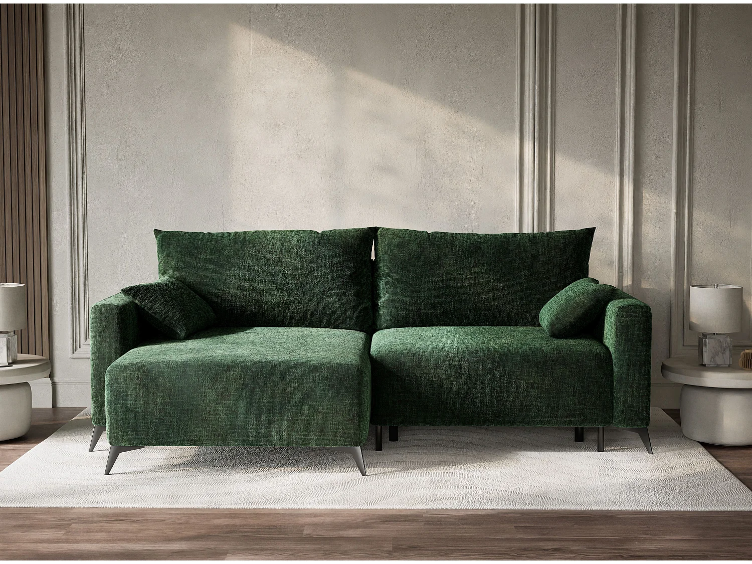 Canapé d'angle gauche avec fonction lit en tissu chenille vert foncé LEON