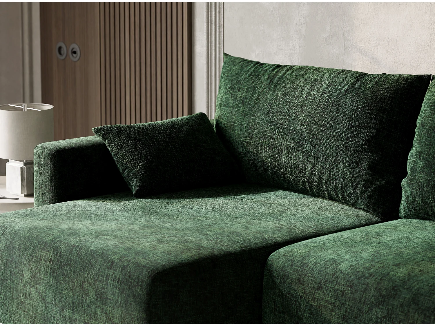 Canapé d'angle gauche avec fonction lit en tissu chenille vert foncé LEON