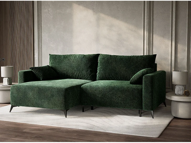 Canapé d'angle gauche avec fonction lit en tissu chenille vert foncé LEON