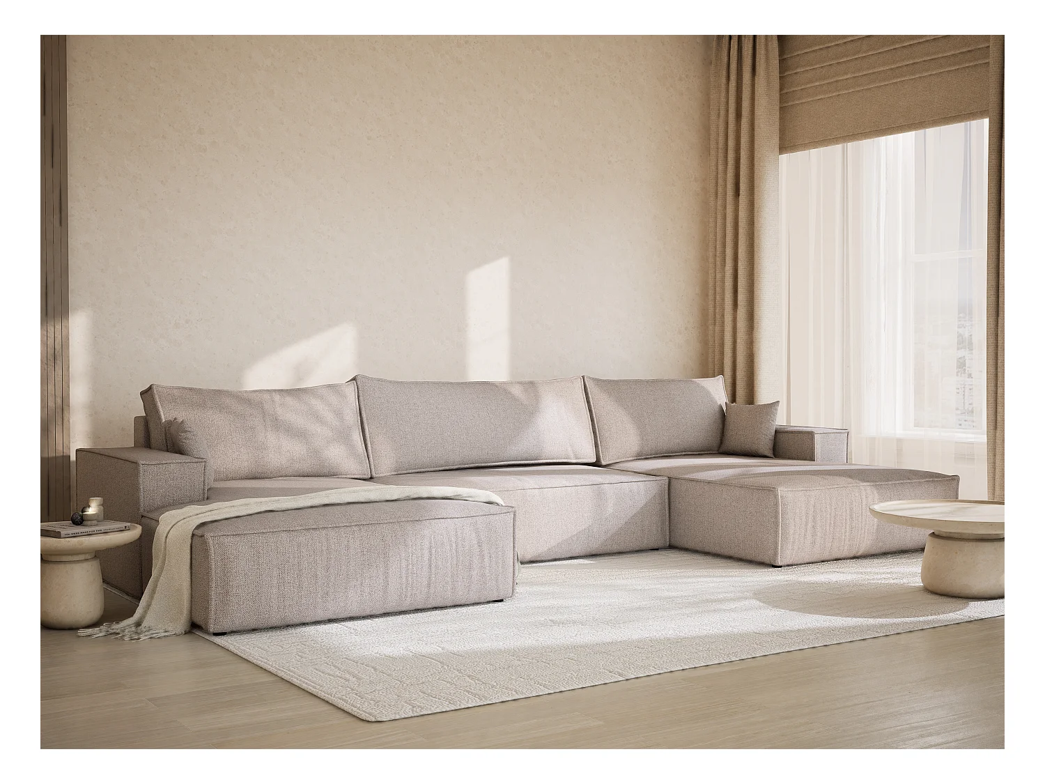 Canapé d'angle panoramique avec fonction lit en tissu tressé beige KYOTO