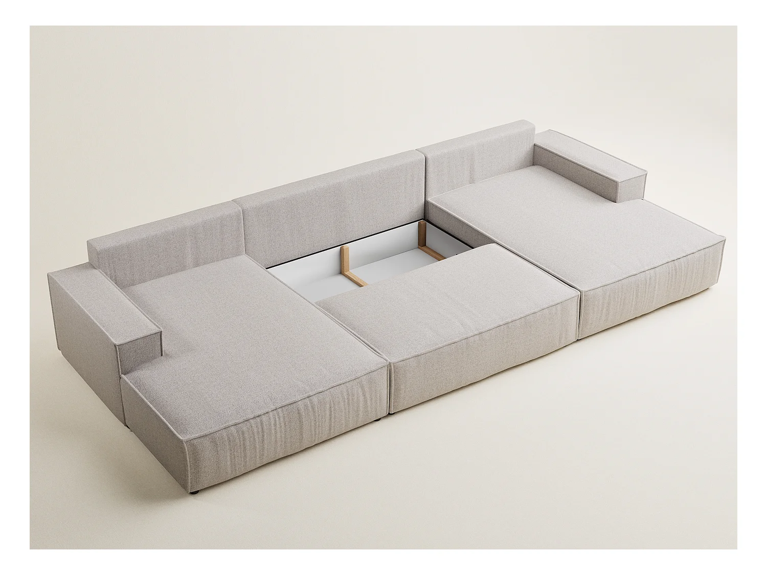 Canapé d'angle panoramique avec fonction lit en tissu tressé beige KYOTO