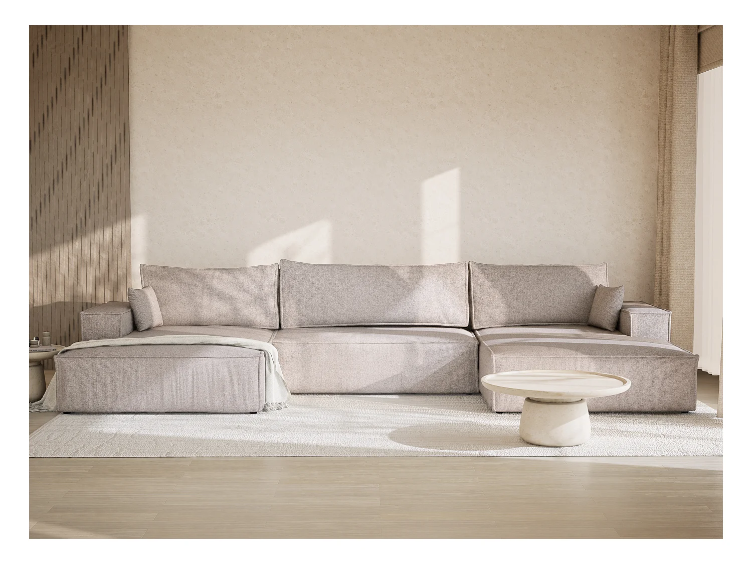Canapé d'angle panoramique avec fonction lit en tissu tressé beige KYOTO