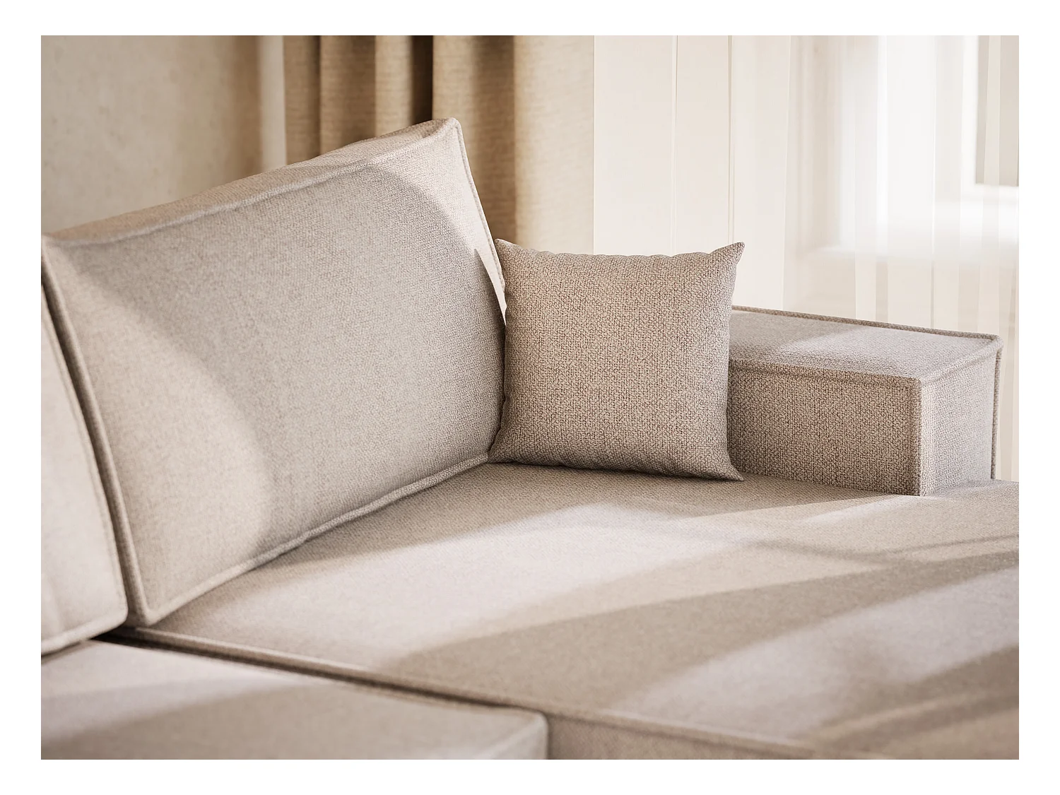 Canapé d'angle panoramique avec fonction lit en tissu tressé beige KYOTO