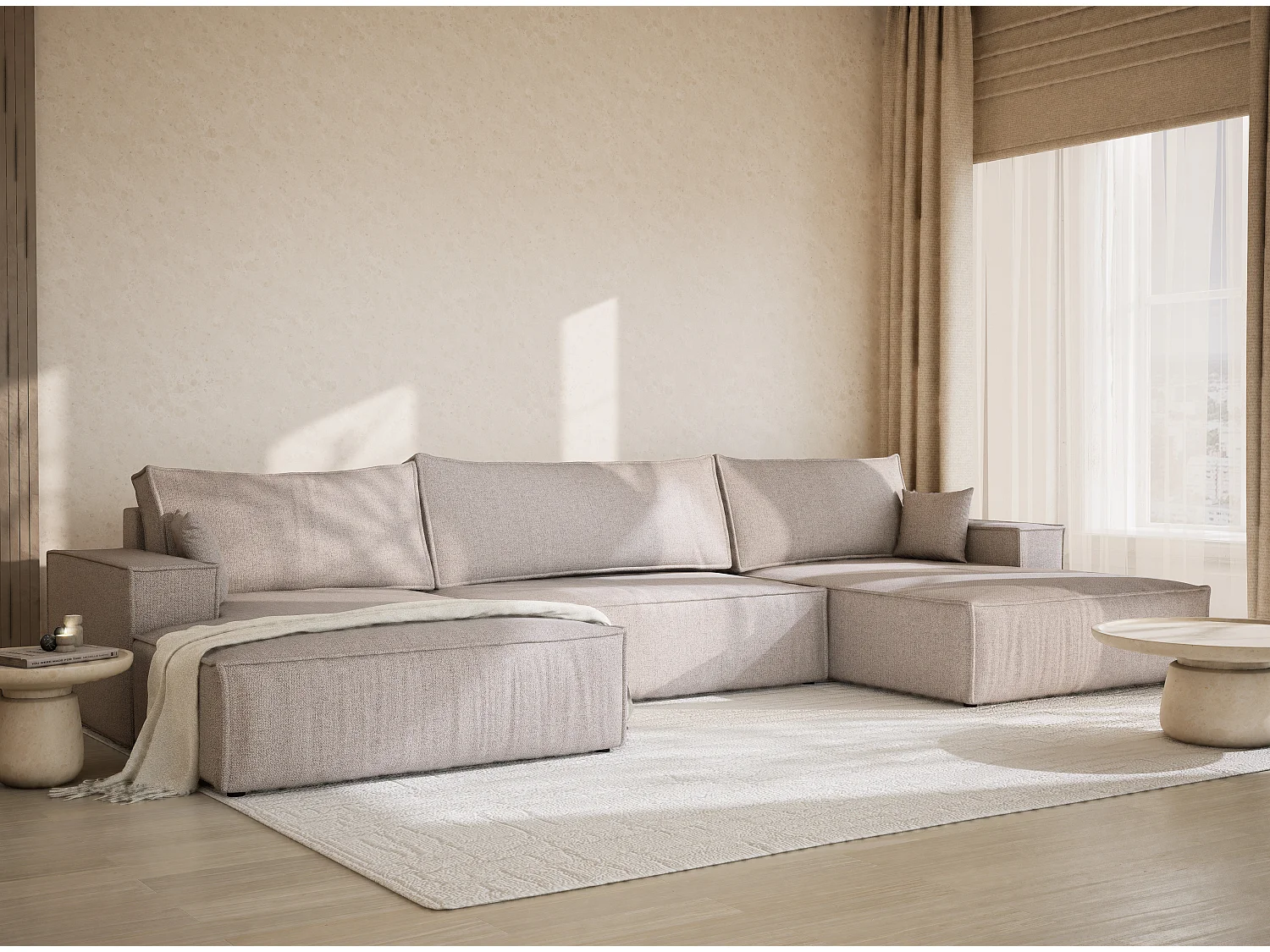 Canapé d'angle panoramique avec fonction lit en tissu tressé beige KYOTO