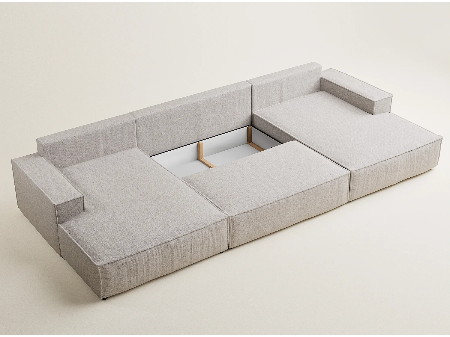 Canapé d'angle panoramique avec fonction lit en tissu tressé beige KYOTO