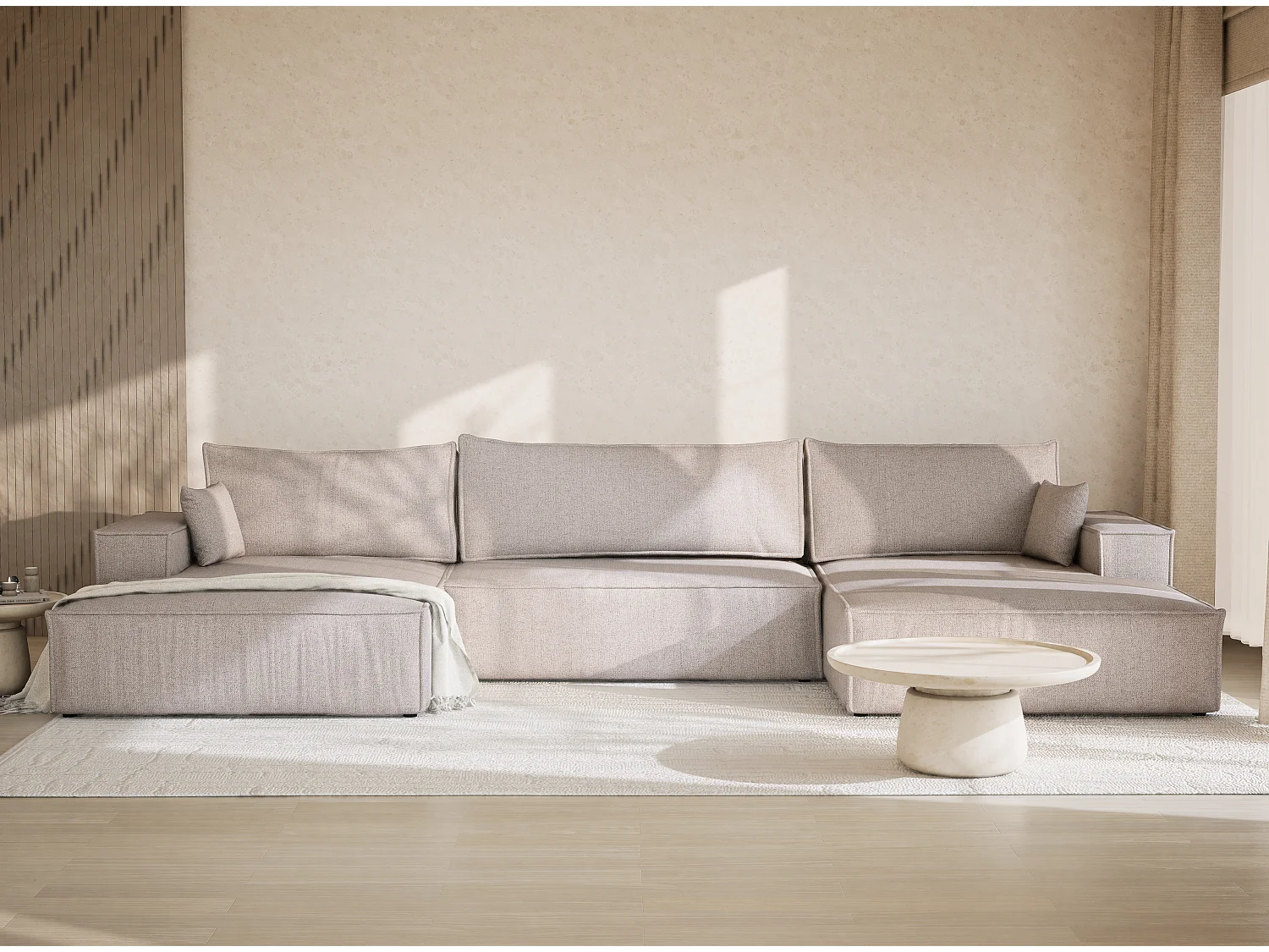 Canapé d'angle panoramique avec fonction lit en tissu tressé beige KYOTO