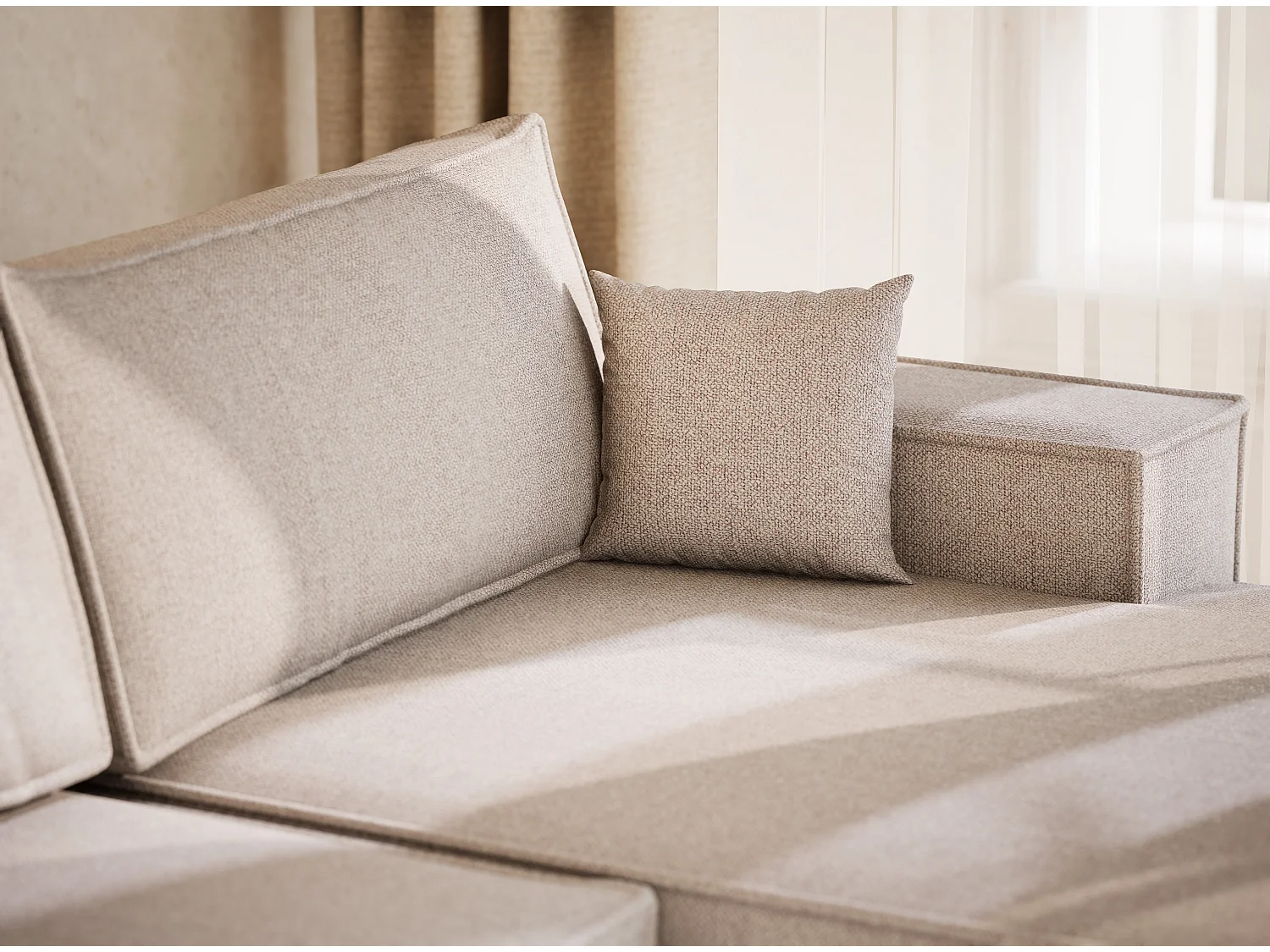 Canapé d'angle panoramique avec fonction lit en tissu tressé beige KYOTO