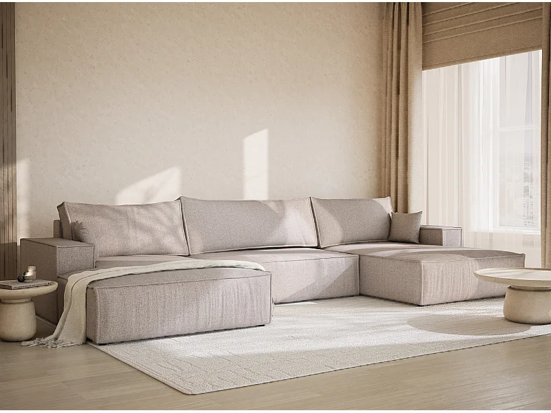 Canapé d'angle panoramique avec fonction lit en tissu tressé beige KYOTO