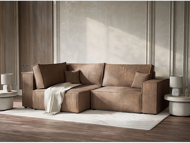 Canapé d'angle gauche avec fonction lit en tissu tressé brun TONGA