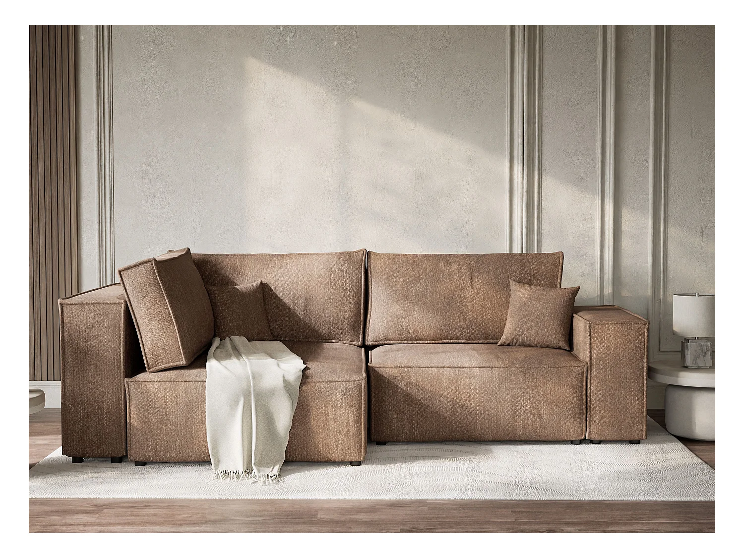 Canapé d'angle gauche avec fonction lit en tissu tressé brun TONGA