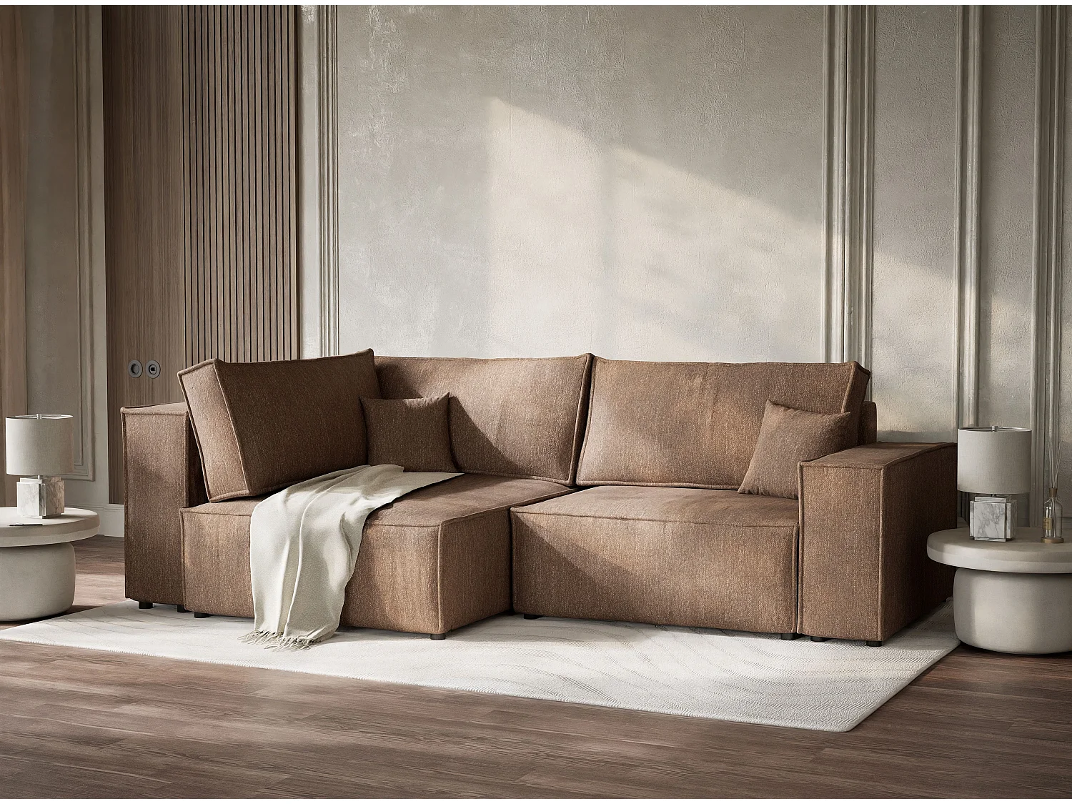 Canapé d'angle gauche avec fonction lit en tissu tressé brun TONGA