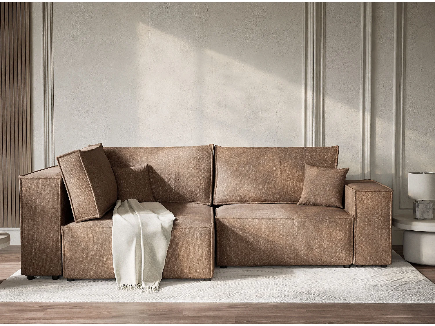 Canapé d'angle gauche avec fonction lit en tissu tressé brun TONGA