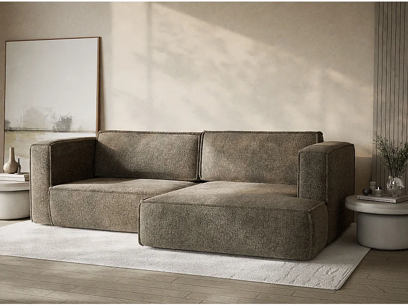 Canapé d'angle droit avec fonction lit en tissu chenille taupe VELTO